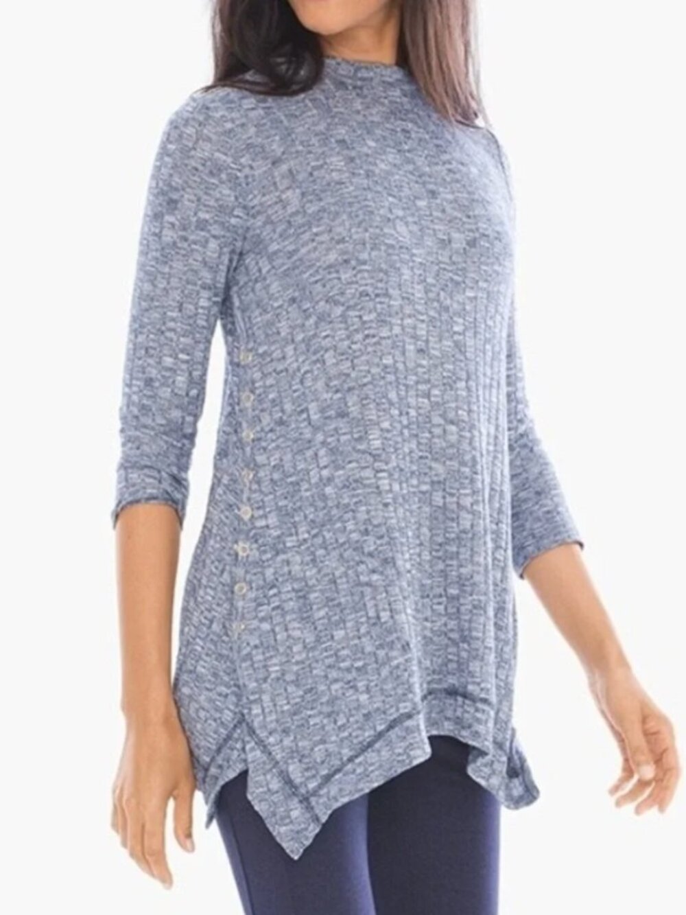 CHICO'S 2 Zenergy Carrington Ribbed Tunic Blue White 3/4 Sleeve Knit Top L / 12